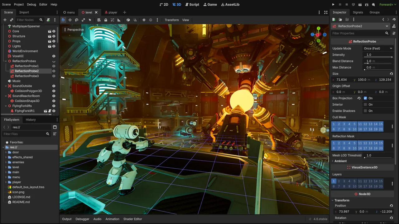 Godot editöründe üçüncü şahıs demo sahnesinden bir görünüm