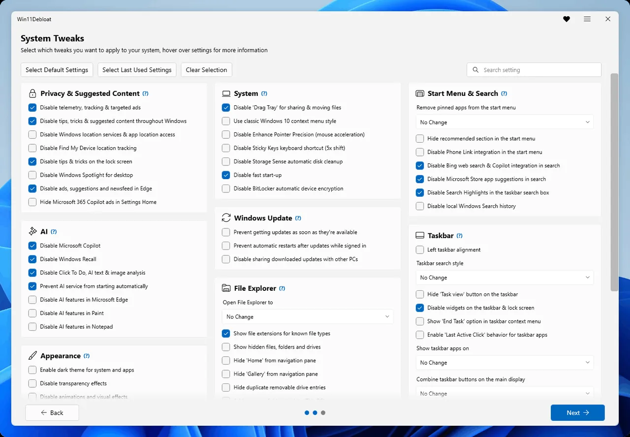 Menu de ligne de commande du script Win11Debloat · écran où sont sélectionnées les applications à supprimer