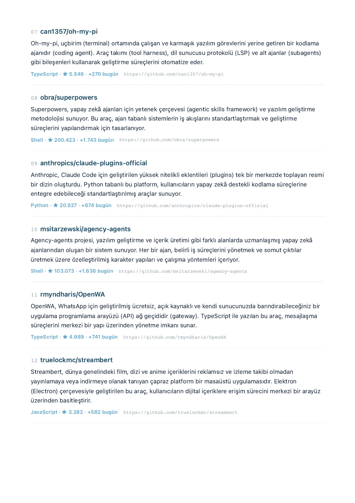 GitHub Trending · projeler 7–12