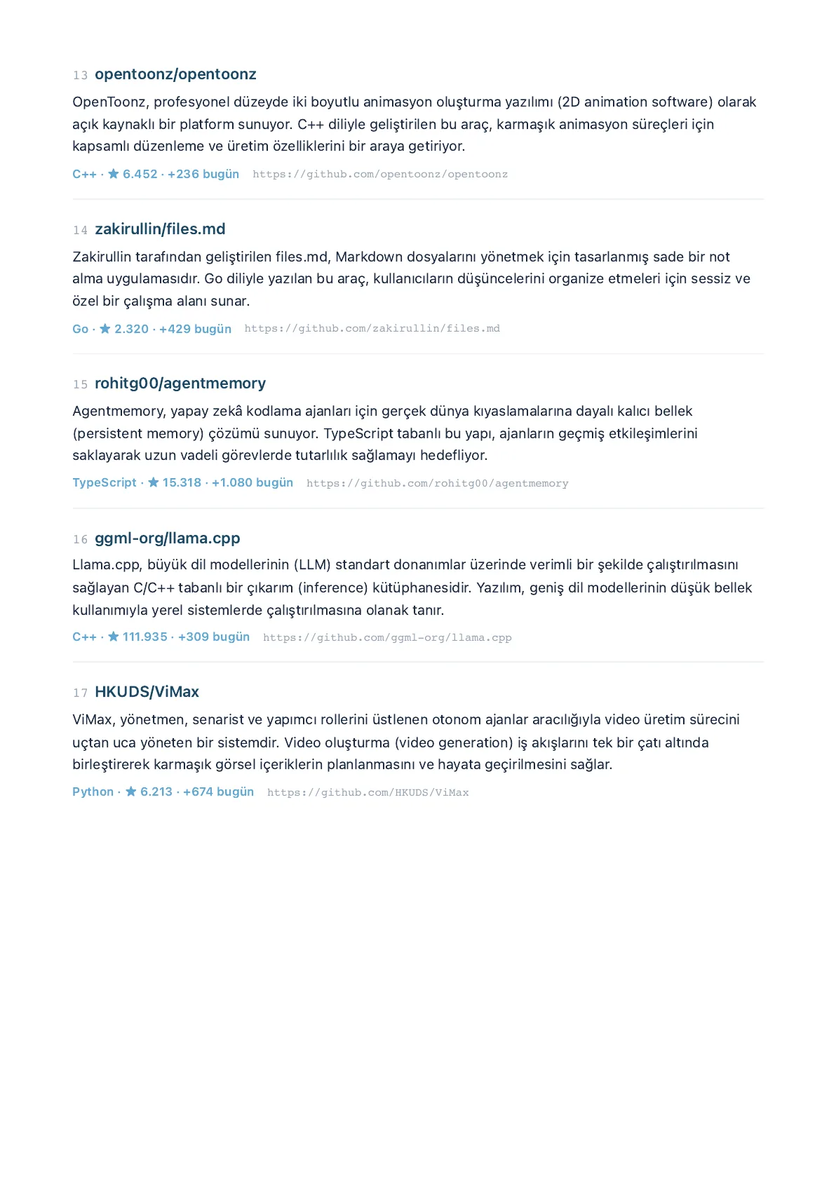 GitHub Trending · projeler 13–17